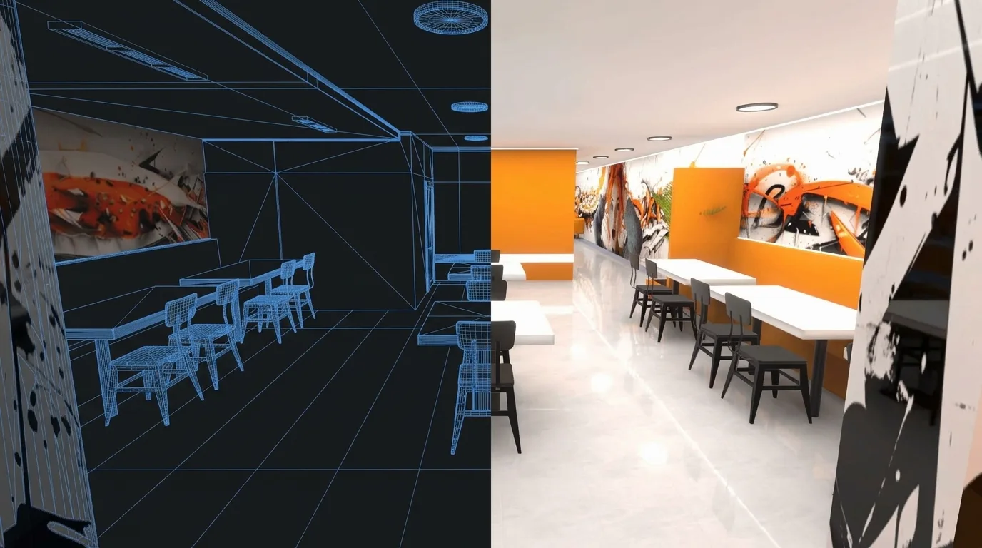 Interiorismo de pizzerías y modelado tridimensional fotorrealista