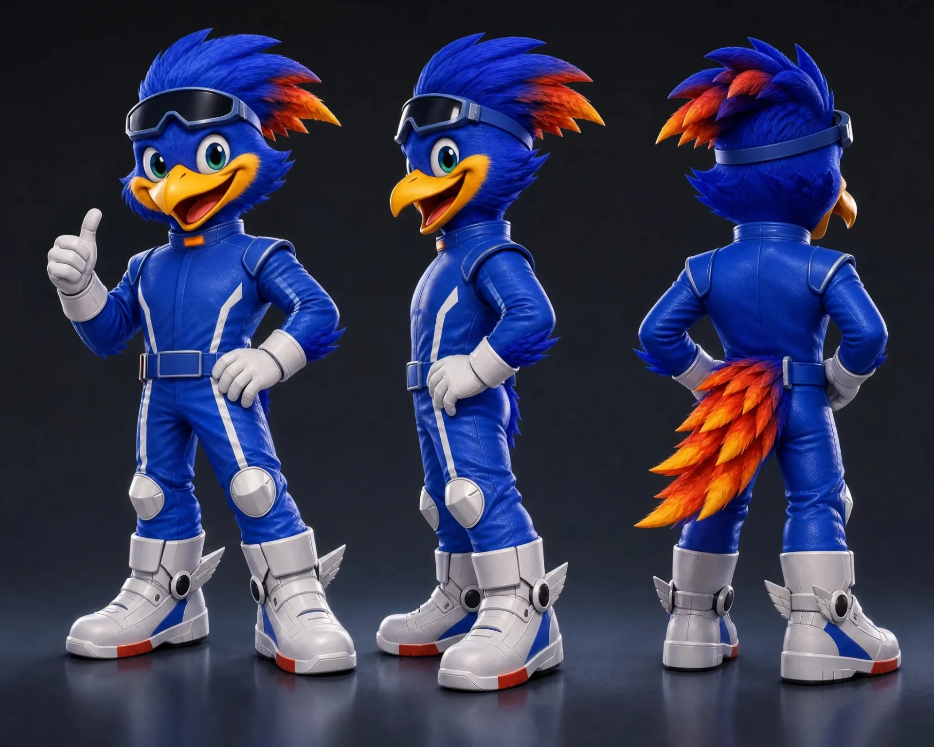 Un correcaminos azul vestido de piloto