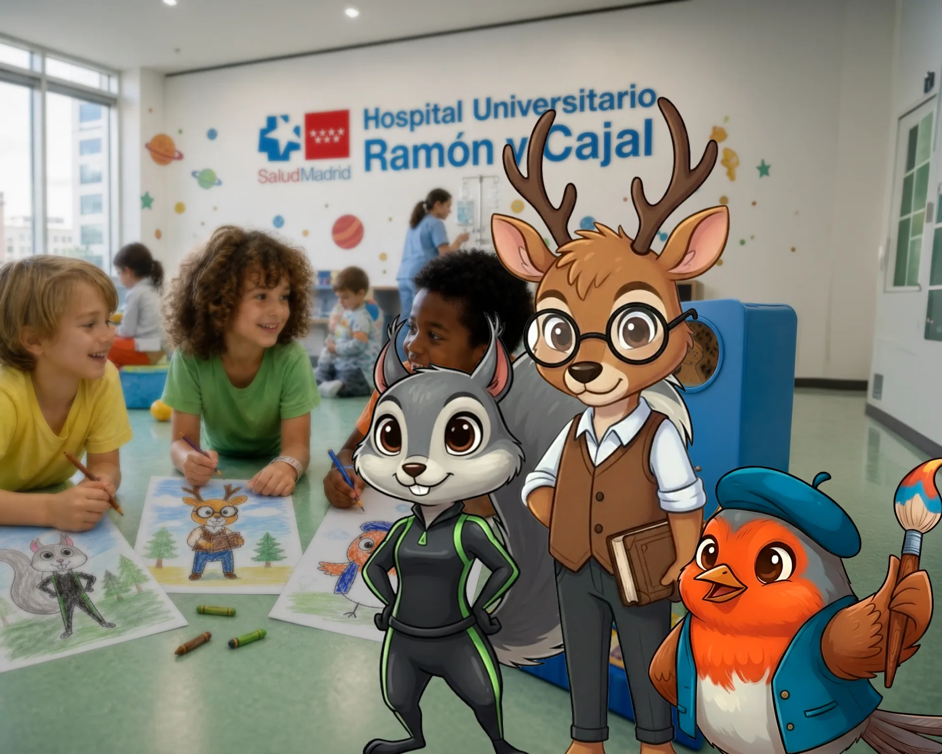 Tres mascotas, cuentos ilustrados y escenas médicas convertidas en murales