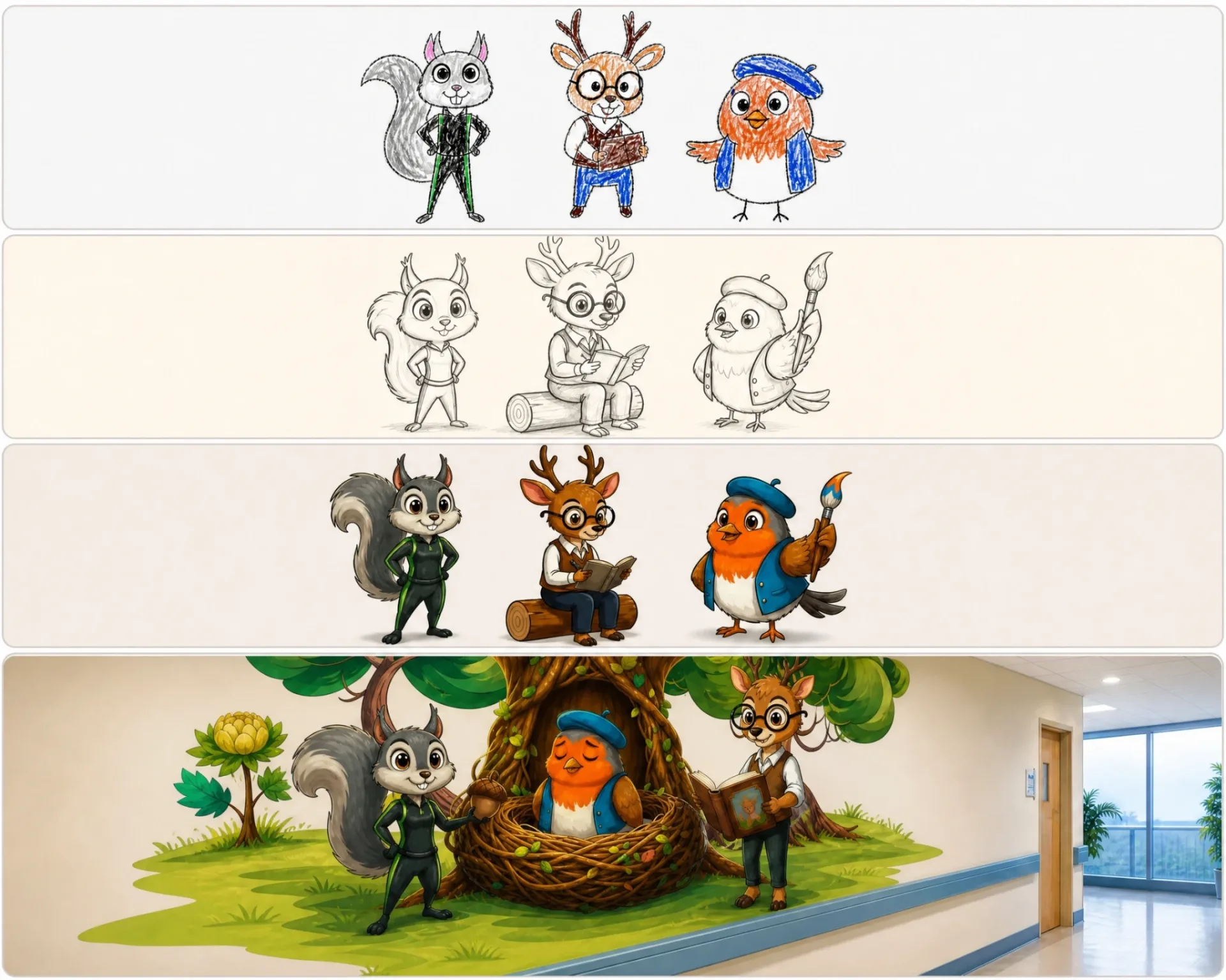 Codiseño de mascotas terapéuticas y muralismo interactivo fotorrealista