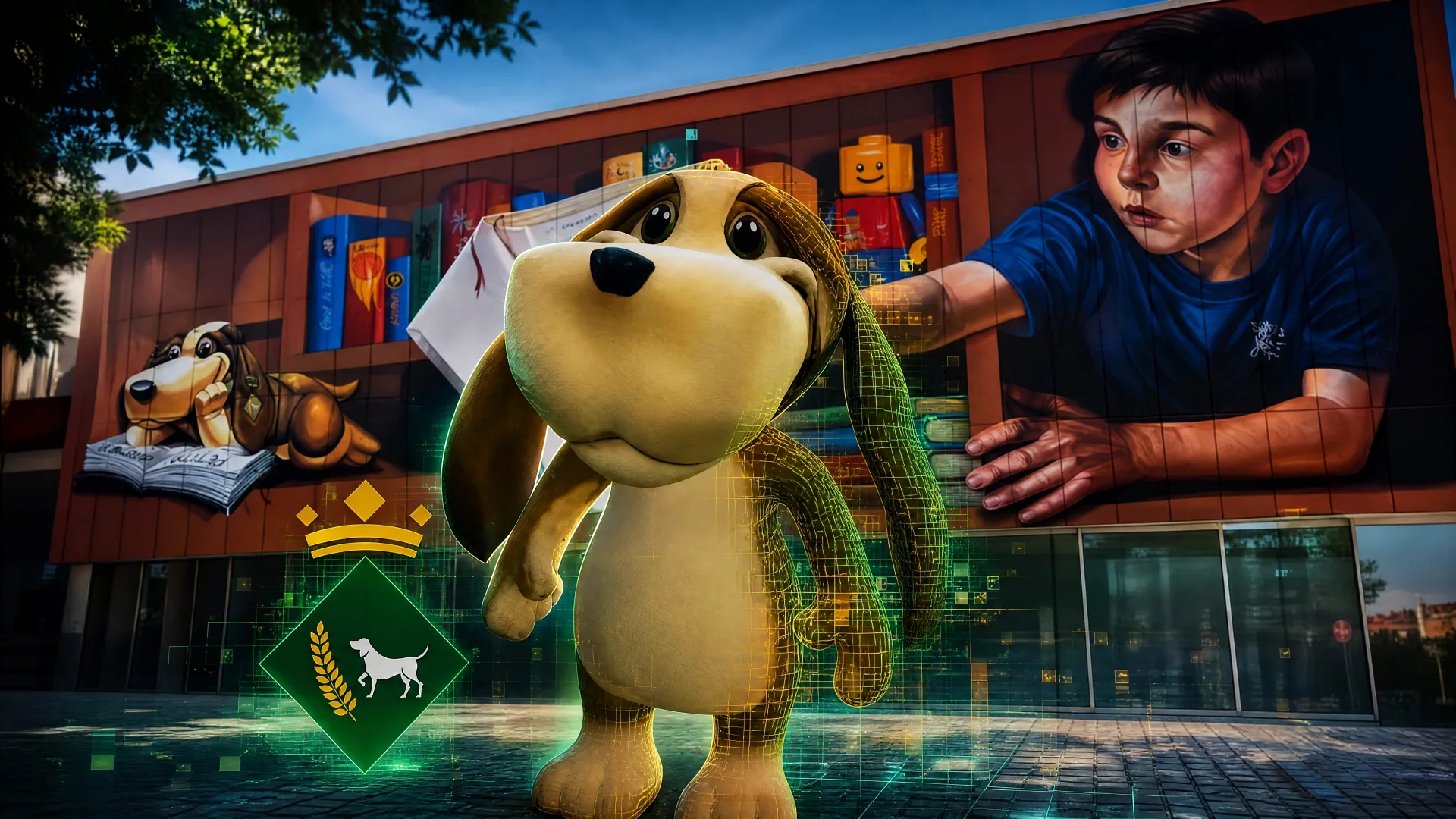 Estanterías mágicas e ilustración tridimensional de la mascota Estèria